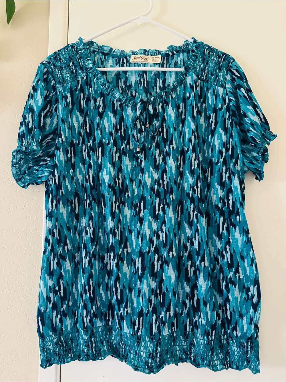 Faded Glory Smocked Neck Blouse -Size XL-Teal and Navy Patterned